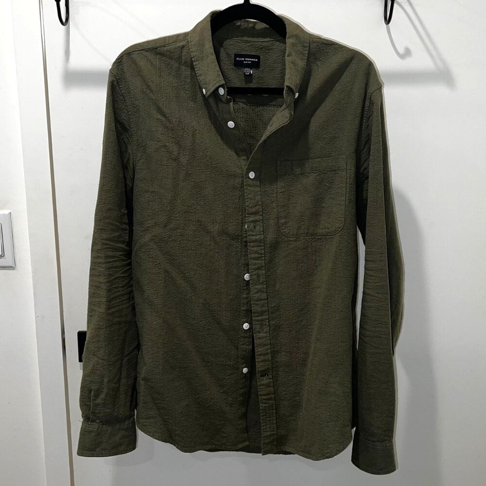 Club Monaco Slim Seersucker Linen-Cotton Shirt Olive S